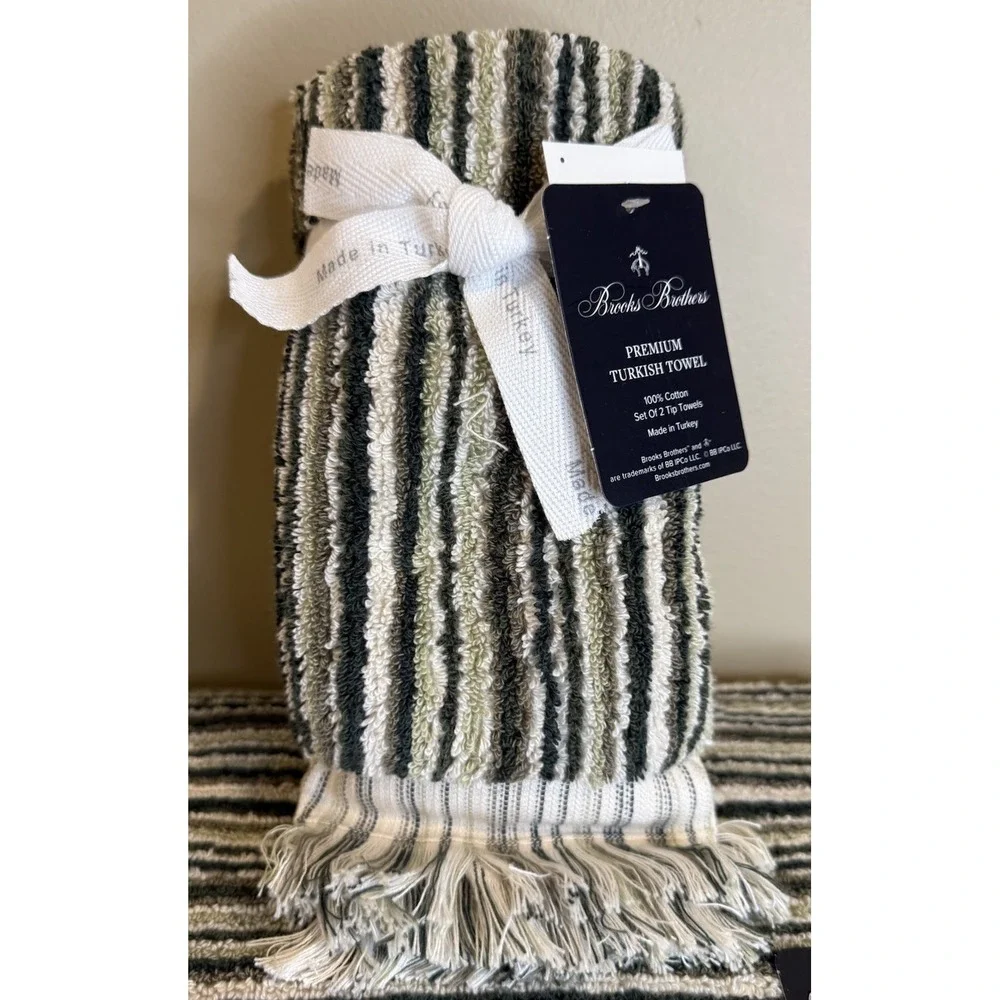 Brooks Brothers 2 Bath‎ 2 Hand 2 Tip Towel Set Green Multicolored Stripes Soft